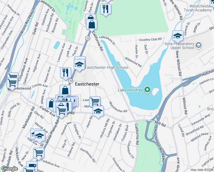 map of restaurants, bars, coffee shops, grocery stores, and more near 73 Manchester Road in Eastchester