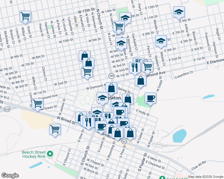 map of restaurants, bars, coffee shops, grocery stores, and more near in Hazleton