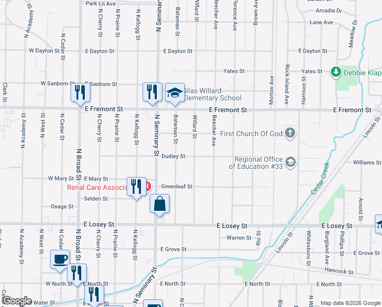 map of restaurants, bars, coffee shops, grocery stores, and more near 500-598 Dudley St in Galesburg