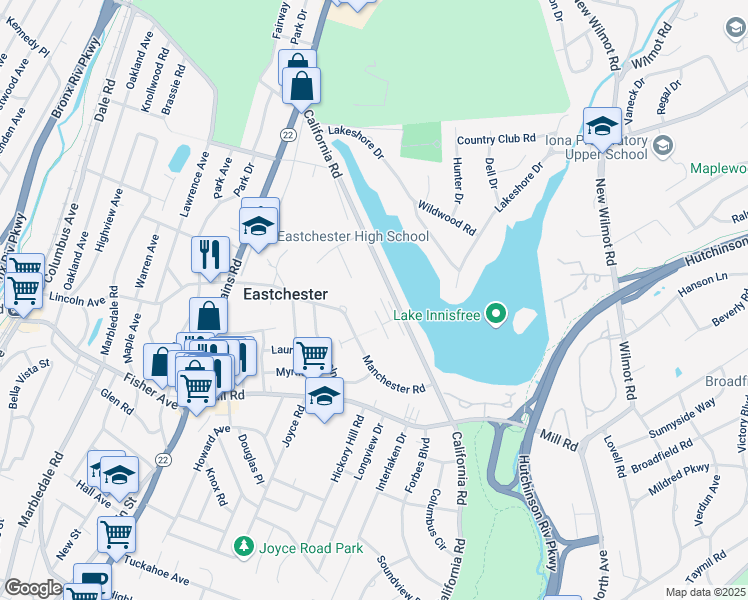 map of restaurants, bars, coffee shops, grocery stores, and more near 14 Channing Place in Eastchester
