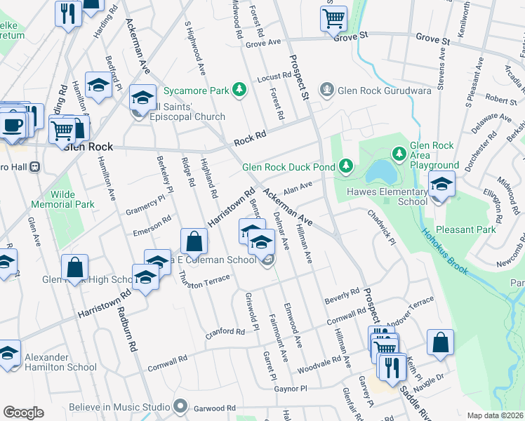 map of restaurants, bars, coffee shops, grocery stores, and more near 25 Benson Road in Glen Rock