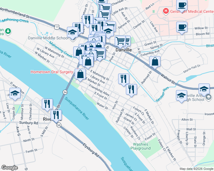 map of restaurants, bars, coffee shops, grocery stores, and more near 300-312 East Market Street in Danville