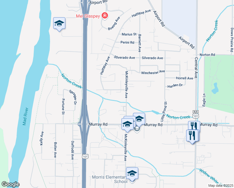 map of restaurants, bars, coffee shops, grocery stores, and more near 1146 Gassaway Road in McKinleyville