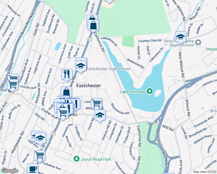 map of restaurants, bars, coffee shops, grocery stores, and more near 14 Channing Place in Eastchester