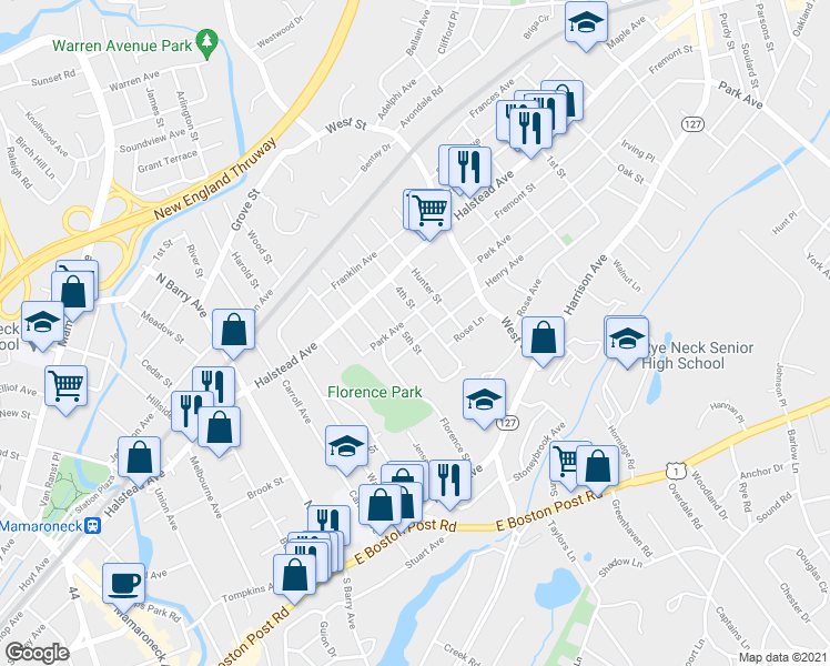 map of restaurants, bars, coffee shops, grocery stores, and more near 1303 Henry Avenue in Mamaroneck