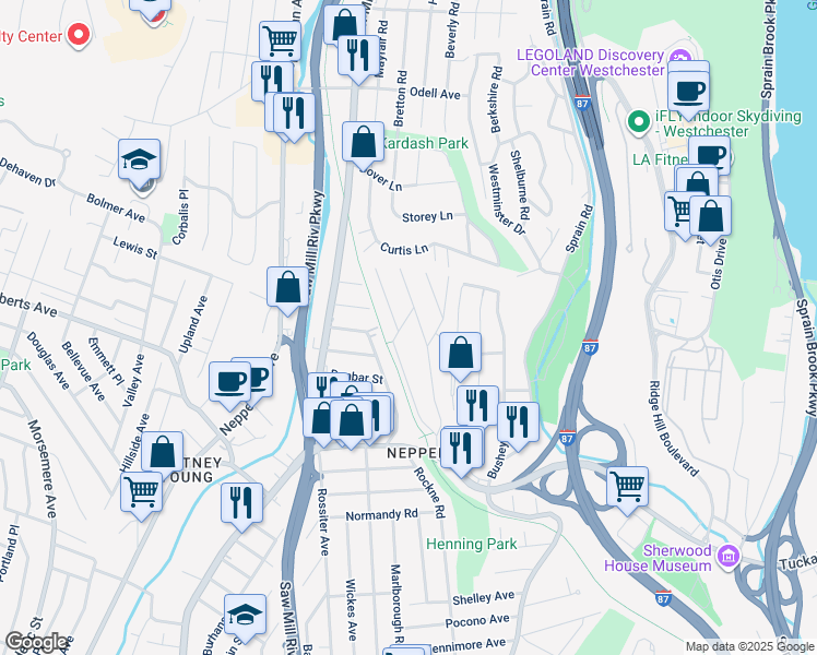 map of restaurants, bars, coffee shops, grocery stores, and more near 12 Monroe Street in Yonkers
