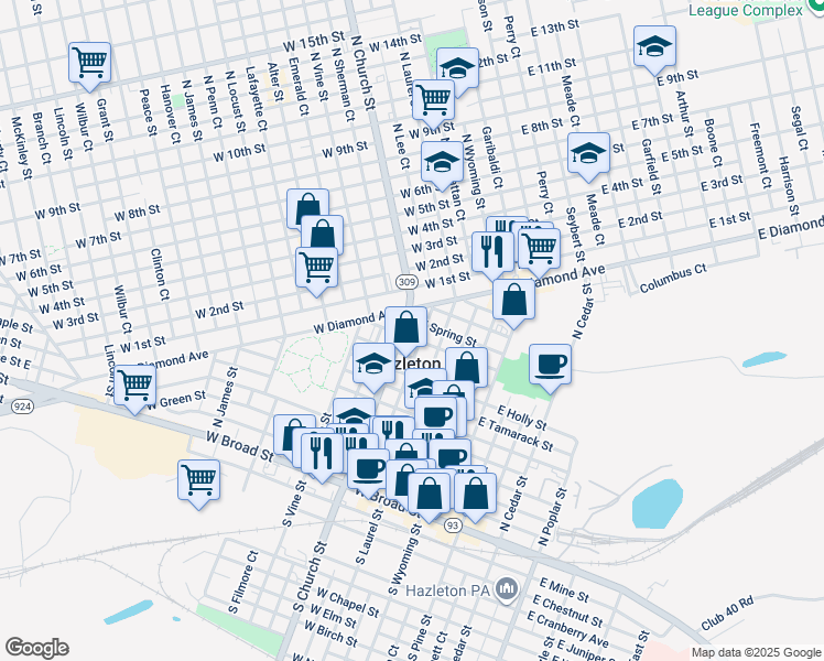 map of restaurants, bars, coffee shops, grocery stores, and more near in Hazleton