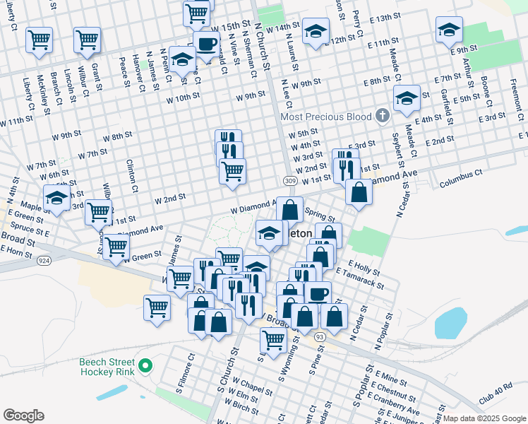 map of restaurants, bars, coffee shops, grocery stores, and more near 149 North Vine Street in Hazleton