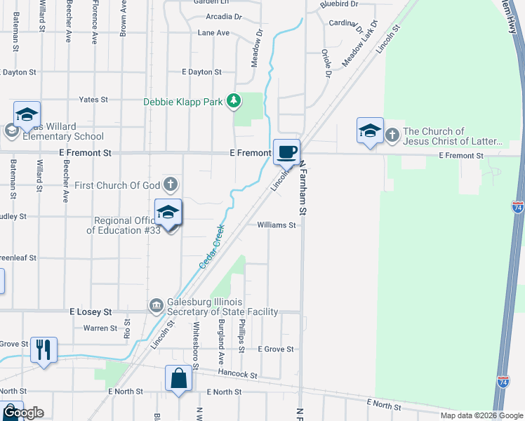map of restaurants, bars, coffee shops, grocery stores, and more near 995-1199 Lincoln St in Galesburg