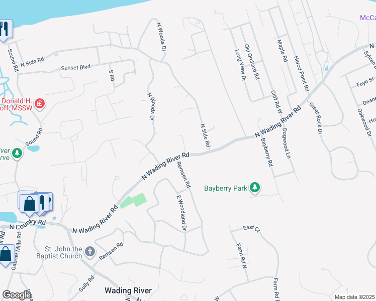 map of restaurants, bars, coffee shops, grocery stores, and more near 2370 North Wading River Road in Wading River