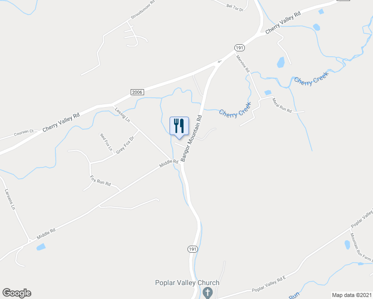 map of restaurants, bars, coffee shops, grocery stores, and more near 2584 Mountain Road in Stroudsburg