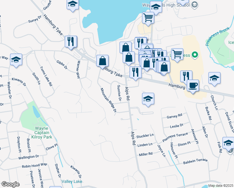 map of restaurants, bars, coffee shops, grocery stores, and more near 15 Sunrise Drive in Wayne