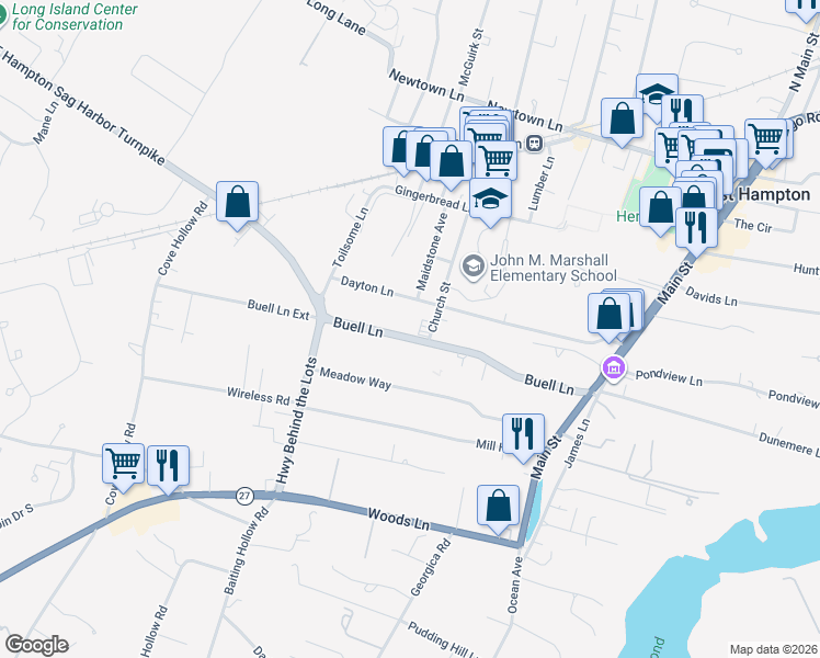 map of restaurants, bars, coffee shops, grocery stores, and more near 82 Buell Lane in East Hampton