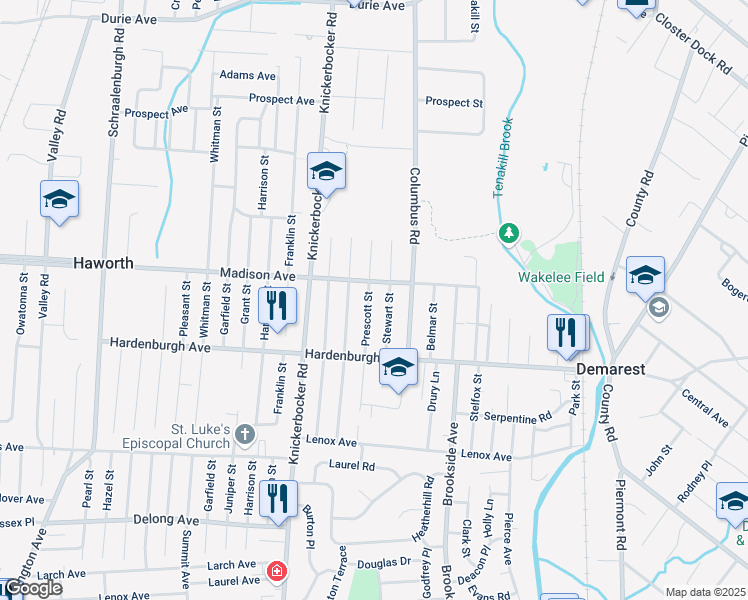 map of restaurants, bars, coffee shops, grocery stores, and more near 76 Prescott Street in Demarest