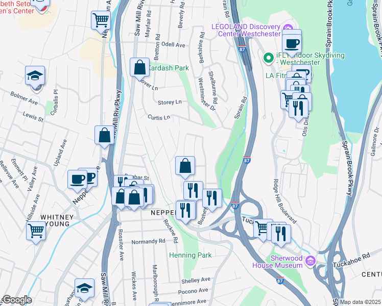 map of restaurants, bars, coffee shops, grocery stores, and more near 110 Patmor Avenue in Yonkers
