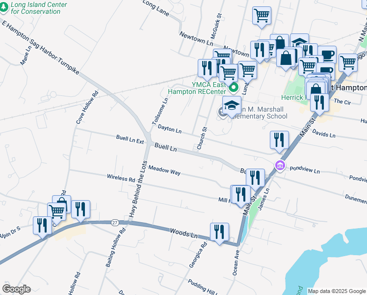 map of restaurants, bars, coffee shops, grocery stores, and more near 93 Buell Lane in East Hampton
