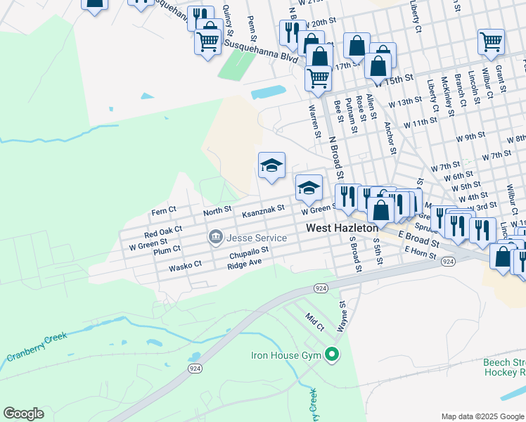 map of restaurants, bars, coffee shops, grocery stores, and more near Ksanznak Street in West Hazleton