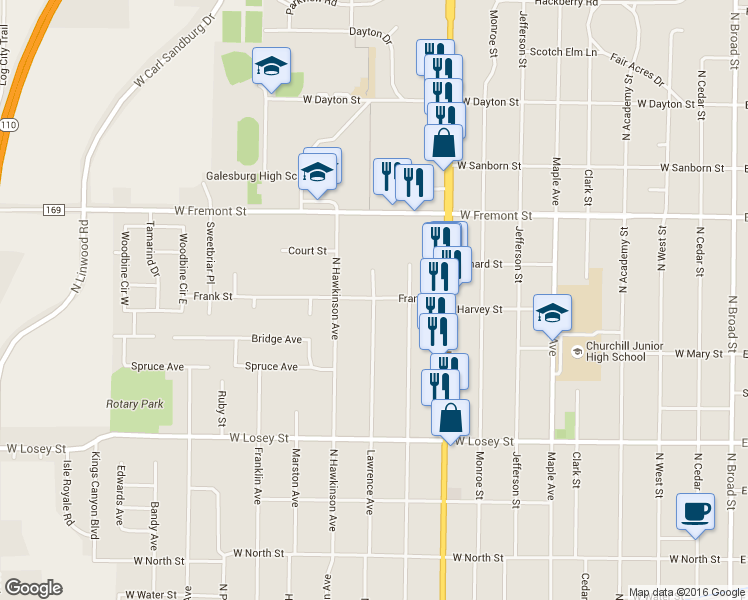 map of restaurants, bars, coffee shops, grocery stores, and more near 998 Lawrence Ave in Galesburg