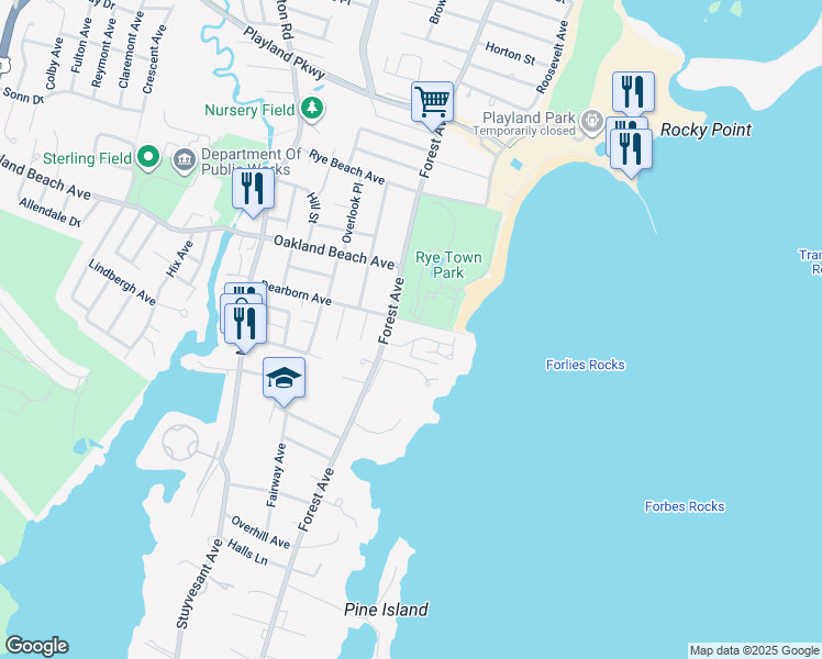 map of restaurants, bars, coffee shops, grocery stores, and more near 62 Cornell Place in Rye