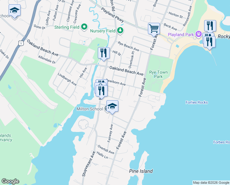 map of restaurants, bars, coffee shops, grocery stores, and more near 25 Fairlawn Street in Rye