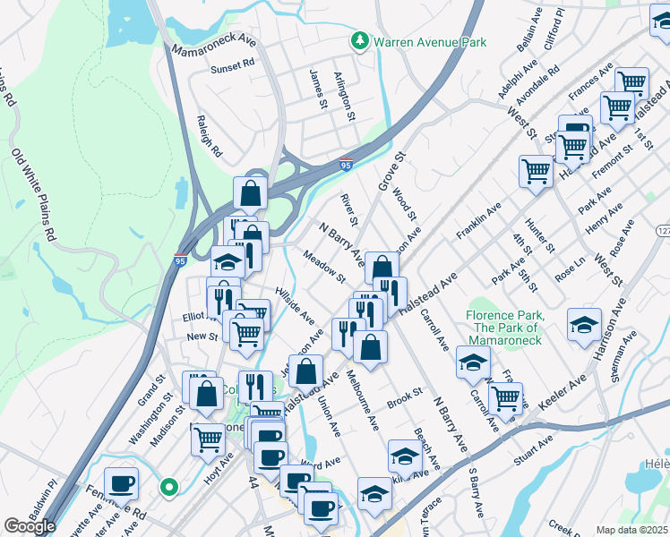 map of restaurants, bars, coffee shops, grocery stores, and more near 617 Meadow Street in Mamaroneck