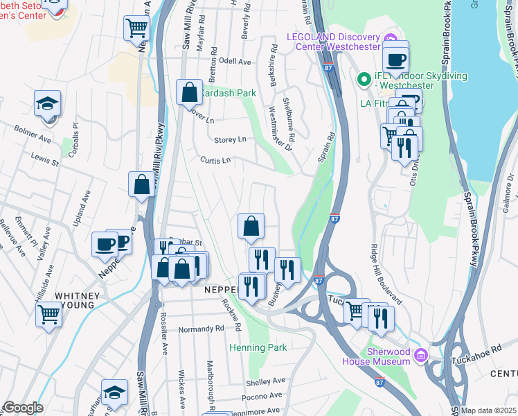 map of restaurants, bars, coffee shops, grocery stores, and more near 110 Patmor Avenue in Yonkers