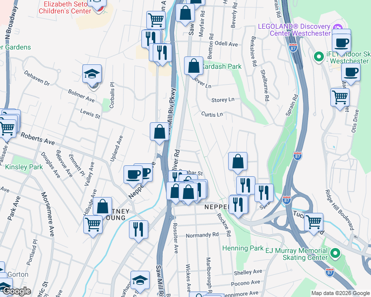 map of restaurants, bars, coffee shops, grocery stores, and more near 690 Saw Mill River Road in Yonkers