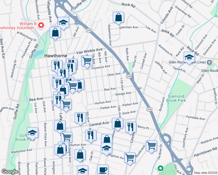 map of restaurants, bars, coffee shops, grocery stores, and more near 25 9th Avenue in Hawthorne