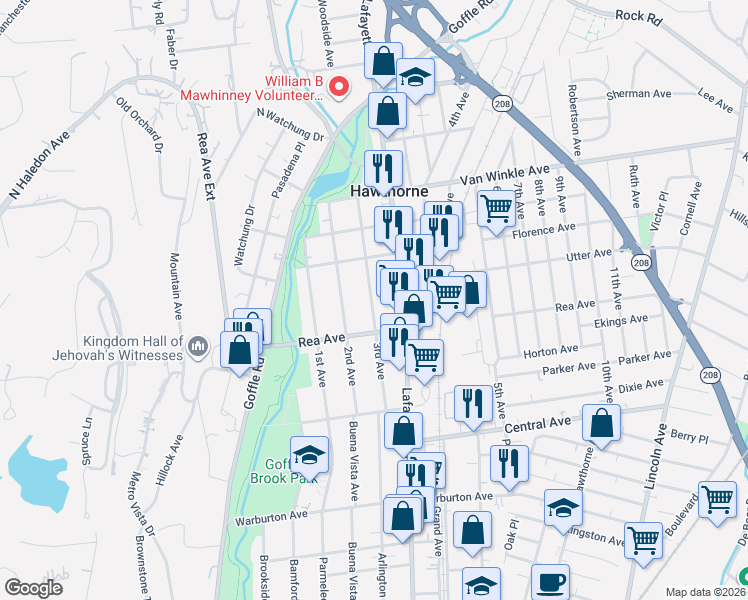 map of restaurants, bars, coffee shops, grocery stores, and more near 91 3rd Avenue in Hawthorne