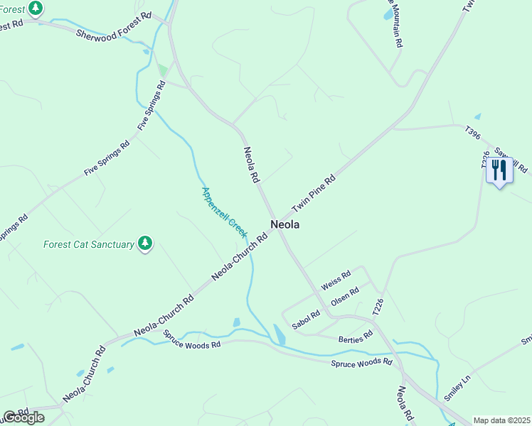 map of restaurants, bars, coffee shops, grocery stores, and more near 5625 Neola Road in Stroudsburg