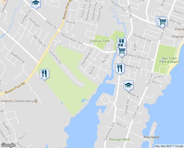 map of restaurants, bars, coffee shops, grocery stores, and more near 2 Byrd Street in Rye