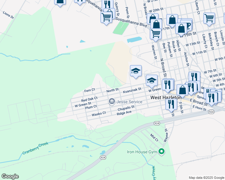 map of restaurants, bars, coffee shops, grocery stores, and more near North Street in Luzerne County