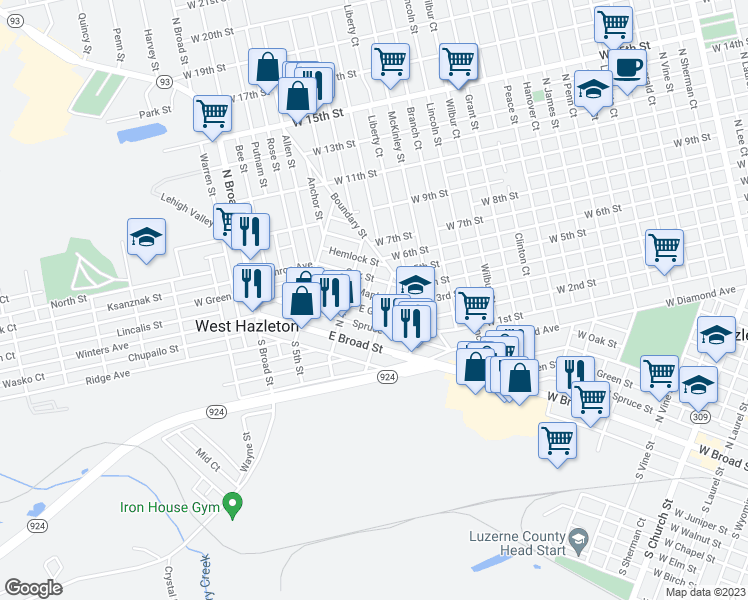 map of restaurants, bars, coffee shops, grocery stores, and more near 129 East Green Street in Hazleton