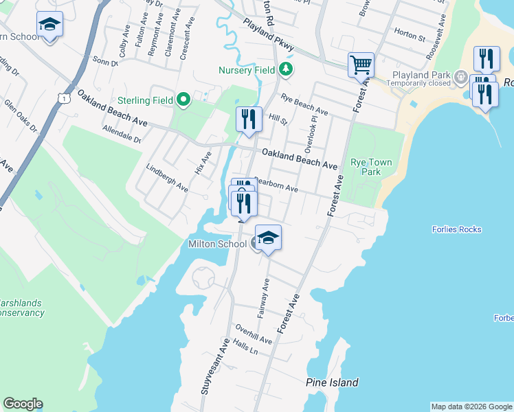 map of restaurants, bars, coffee shops, grocery stores, and more near 2 Orchard Drive in Rye