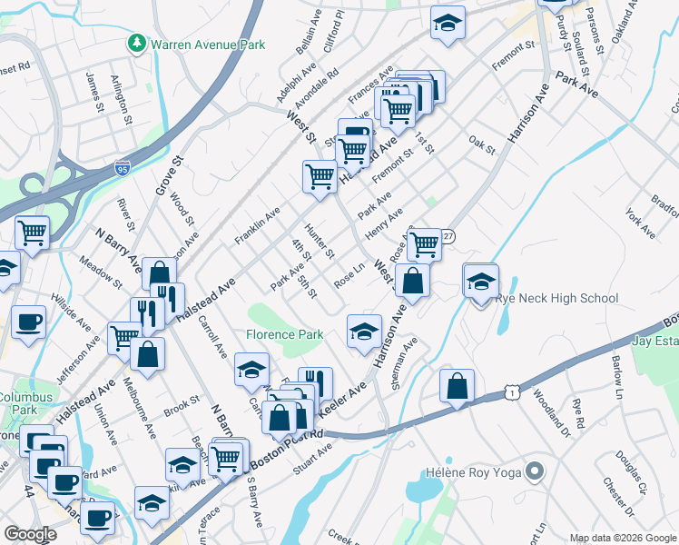 map of restaurants, bars, coffee shops, grocery stores, and more near 1409 Rose Lane in Mamaroneck