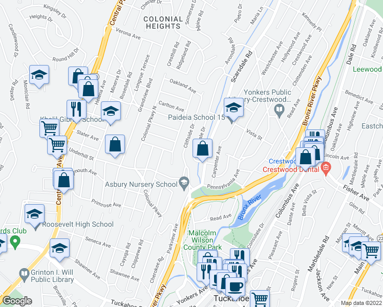 map of restaurants, bars, coffee shops, grocery stores, and more near 32 Treadwell Place in Yonkers