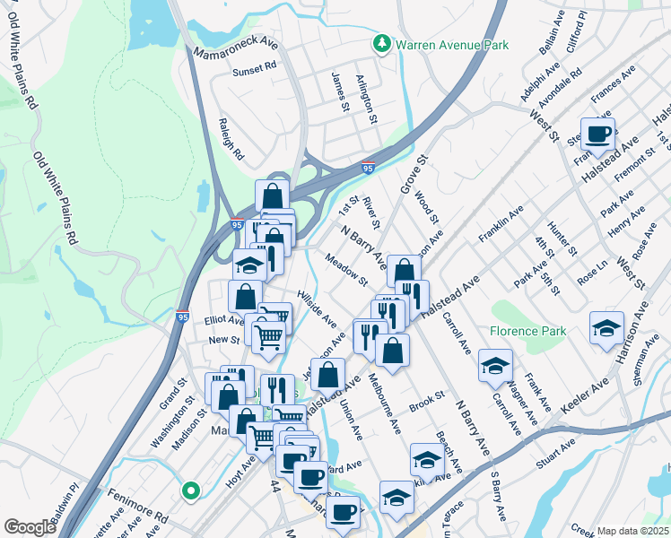 map of restaurants, bars, coffee shops, grocery stores, and more near 708 Meadow Street in Mamaroneck