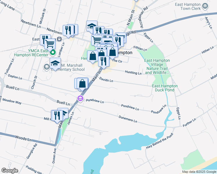 map of restaurants, bars, coffee shops, grocery stores, and more near 19 Davids Lane in East Hampton