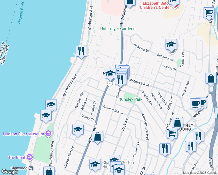 map of restaurants, bars, coffee shops, grocery stores, and more near 75 Morsemere Avenue in Yonkers