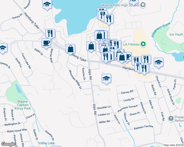 map of restaurants, bars, coffee shops, grocery stores, and more near 1558 Alps Road in Wayne