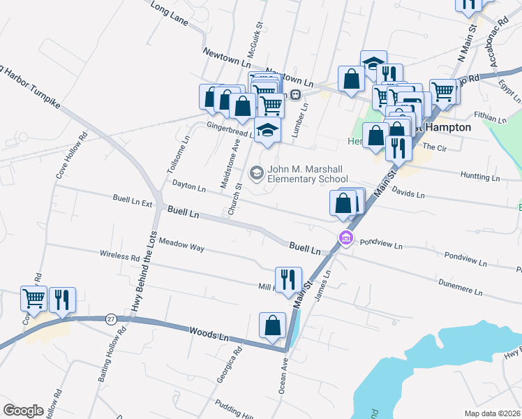 map of restaurants, bars, coffee shops, grocery stores, and more near 44 Buell Lane in East Hampton