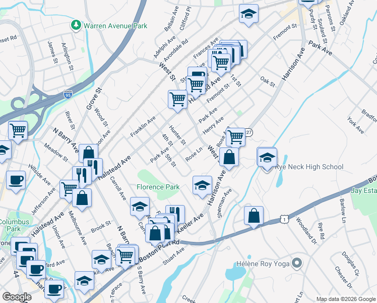 map of restaurants, bars, coffee shops, grocery stores, and more near 1409 Rose Lane in Mamaroneck