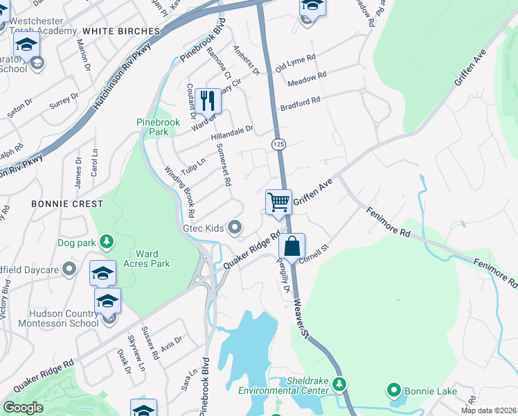 map of restaurants, bars, coffee shops, grocery stores, and more near 16 Brookridge Road in New Rochelle