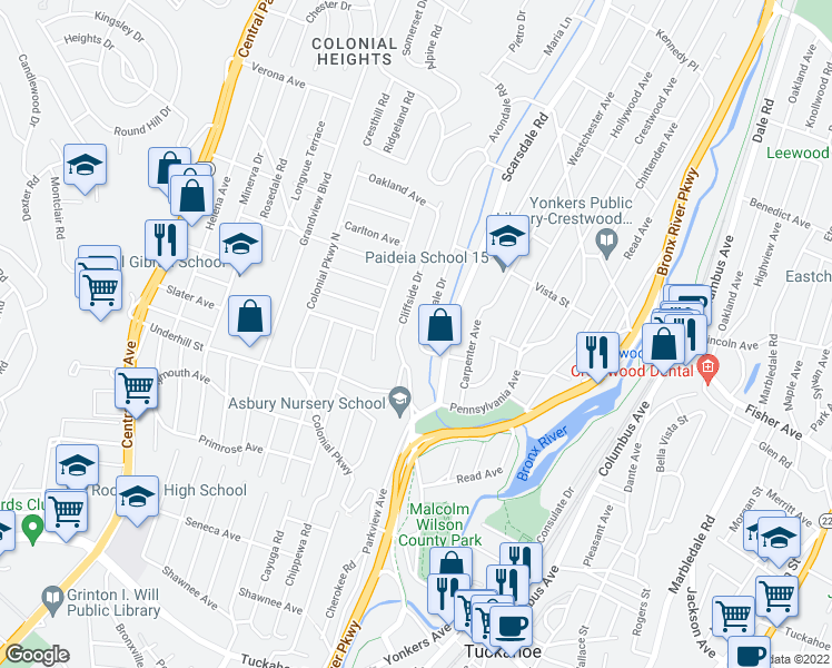 map of restaurants, bars, coffee shops, grocery stores, and more near 32 Treadwell Place in Yonkers