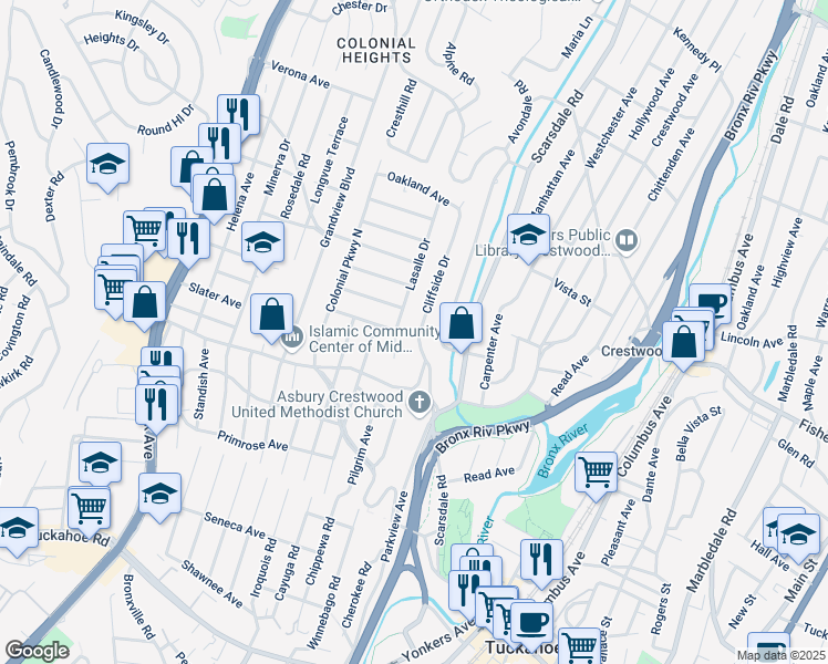 map of restaurants, bars, coffee shops, grocery stores, and more near 1 Cliffside Drive in Yonkers