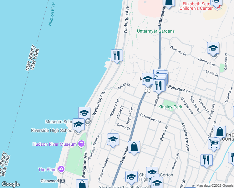 map of restaurants, bars, coffee shops, grocery stores, and more near 75 Windsor Terrace in Yonkers