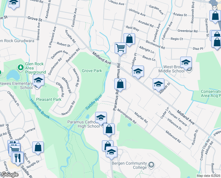 map of restaurants, bars, coffee shops, grocery stores, and more near 9 Jonquil Court in Paramus