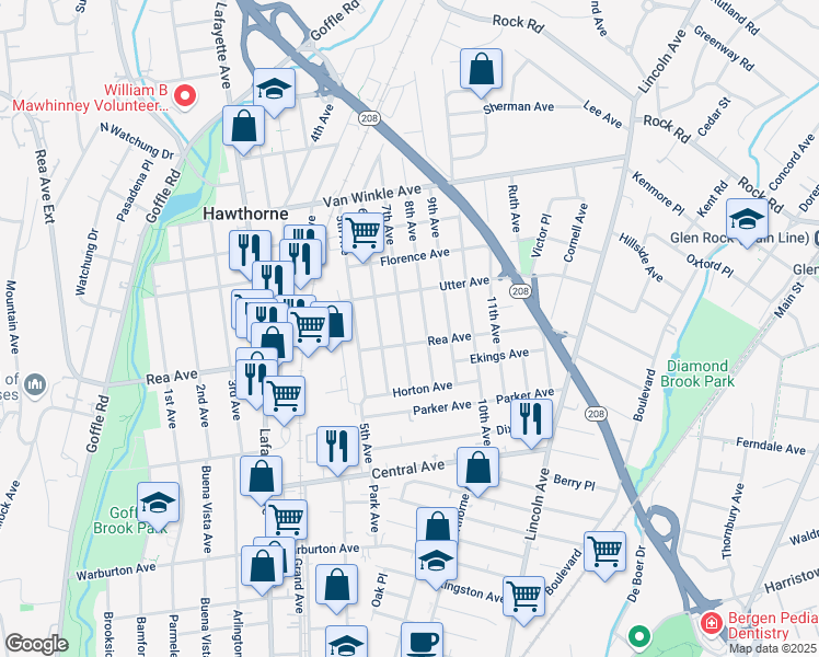 map of restaurants, bars, coffee shops, grocery stores, and more near 272 Rea Avenue in Hawthorne
