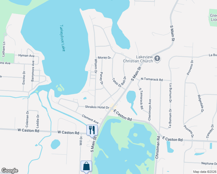 map of restaurants, bars, coffee shops, grocery stores, and more near 4795 Panay Drive in Akron