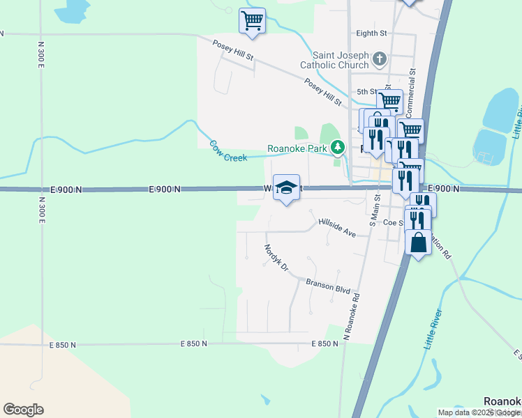 map of restaurants, bars, coffee shops, grocery stores, and more near 390 Hillside Avenue in Roanoke